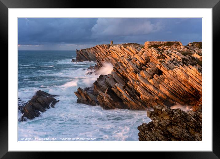 Cliffs beatiful rock details in Baleal Island with atlantic ocean crashing waves in Peniche, Portugal Framed Mounted Print by Luis Pina