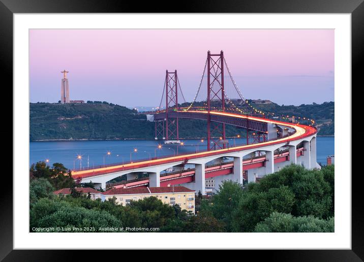 Lisbon 25 de Abril bridge and Jesus Christ statue Cristo Rei at sunset, best view of Lisbon, in Portugal Framed Mounted Print by Luis Pina