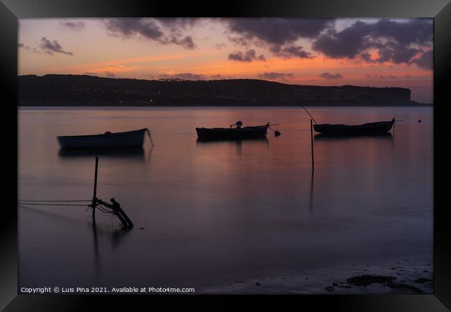 Fishing boats on a river sea at sunset in Foz do Arelho, Portugal Framed Print by Luis Pina