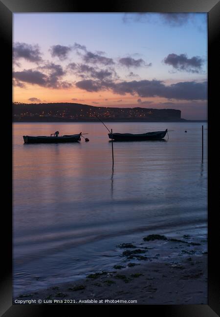 Fishing boats on a river sea at sunset in Foz do Arelho, Portugal Framed Print by Luis Pina