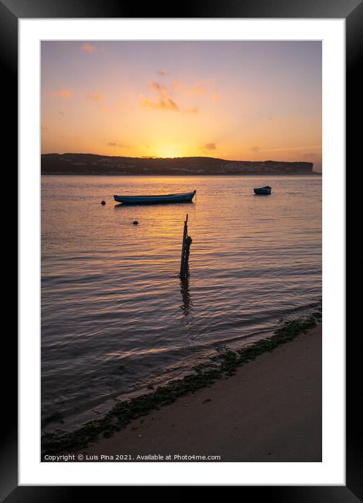 Fishing boats on a river sea at sunset in Foz do Arelho, Portugal Framed Mounted Print by Luis Pina