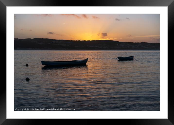 Fishing boats on a river sea at sunset in Foz do Arelho, Portugal Framed Mounted Print by Luis Pina