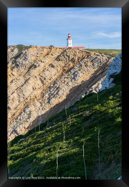 Landscape of Capo Espichel cape with the Lighthouse and sea cliffs, in Portugal Framed Print by Luis Pina