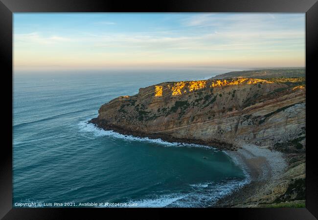 Sea cliffs landscape in Cabo Espichel at sunset, in Portugal Framed Print by Luis Pina