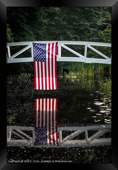 American flag hanging from wooden bridge in Somesv Framed Print by Miro V