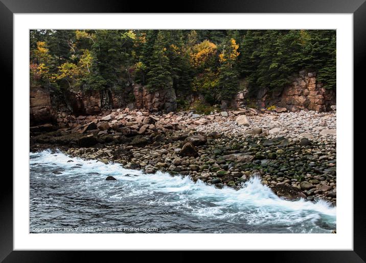 Rocky beach with ocean and foliage colors Framed Mounted Print by Miro V