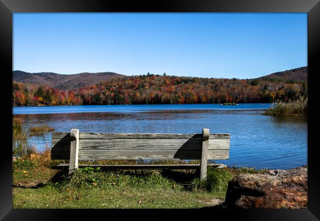 Wooden bench with colored autumn mountains Framed Print by Miro V