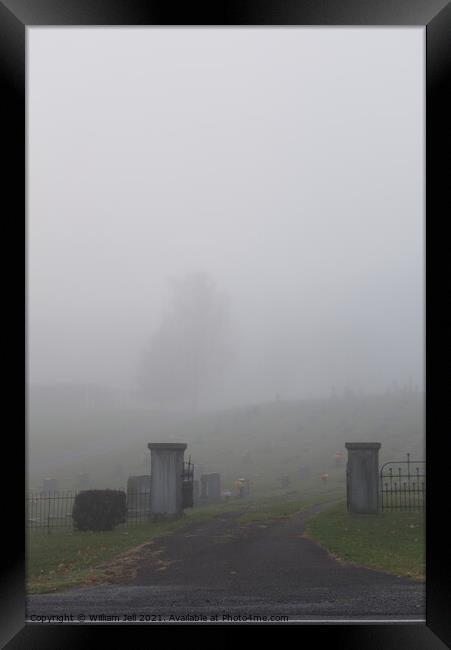 Foggy Rural Mountain Cemetery Iron Fence Entrance  Framed Print by William Jell