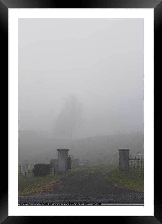 Foggy Rural Mountain Cemetery Iron Fence Entrance  Framed Mounted Print by William Jell