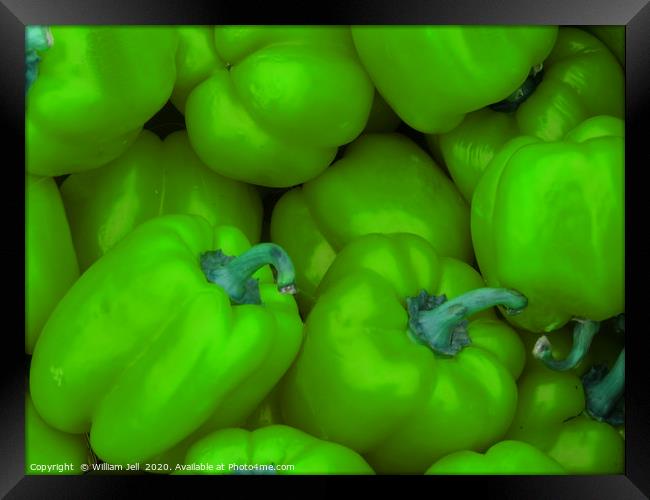Crate of green bell peppers at Farmers Market Framed Print by William Jell