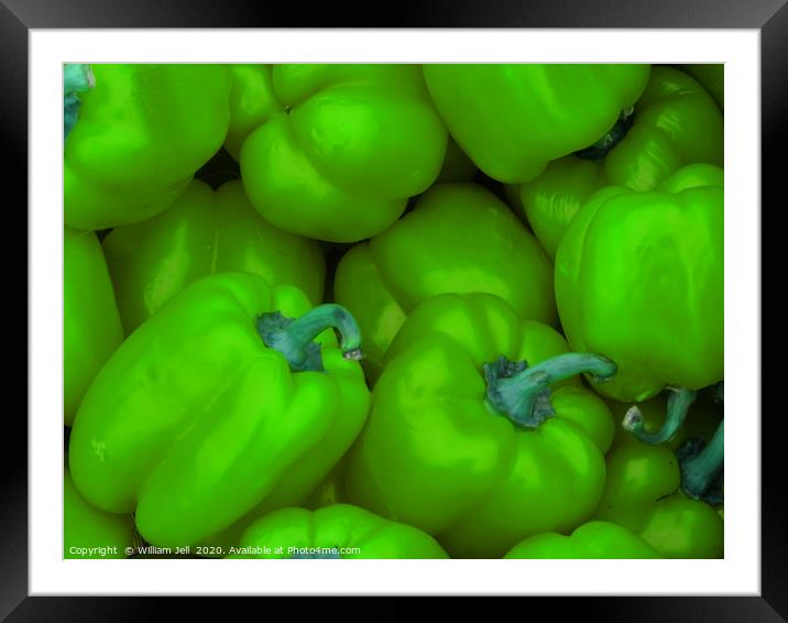 Crate of green bell peppers at Farmers Market Framed Mounted Print by William Jell
