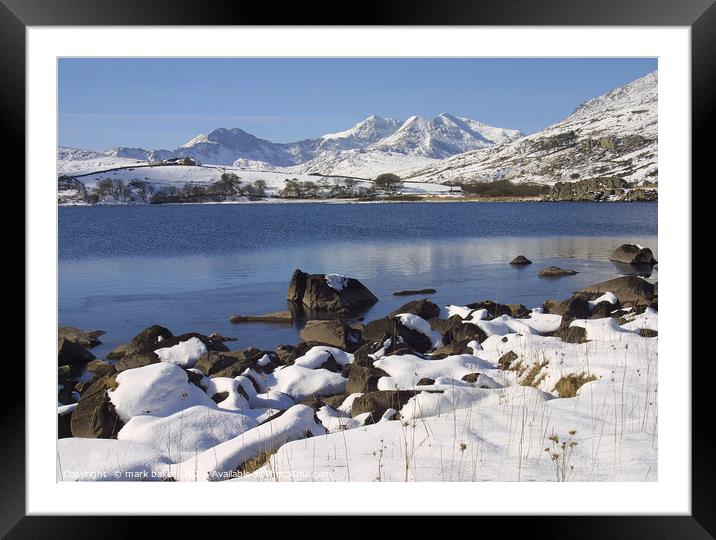 Llynnau MMymbyr & snowdon horseshoe in winter Framed Mounted Print by mark baker