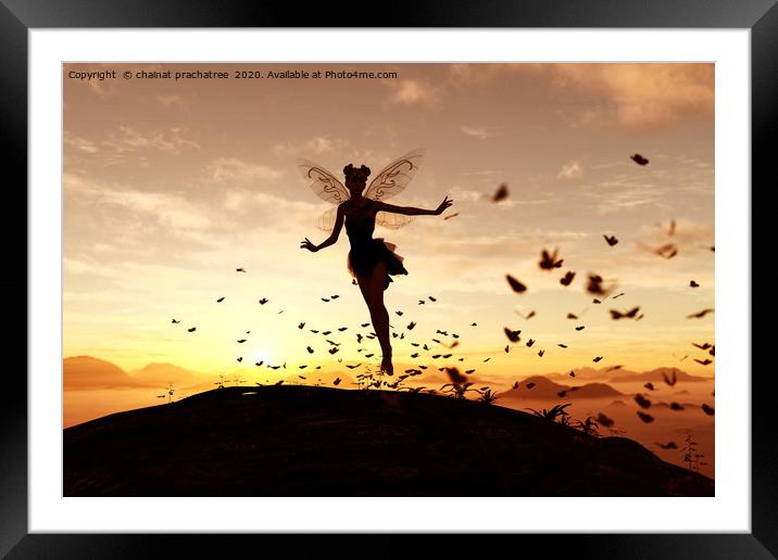 3d rendering of a fairy on a tree trunk on the sky Framed Mounted Print by chainat prachatree