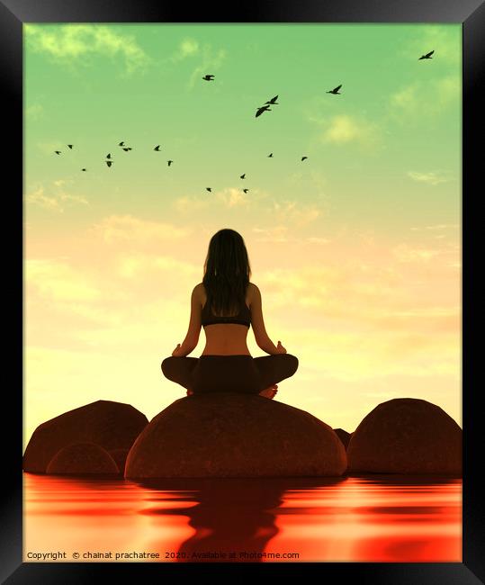 3d illustration of silhouette woman doing meditati Framed Print by chainat prachatree