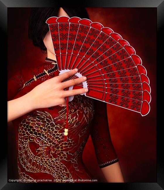 Asian girl with Traditional Chinese fan,3d renderi Framed Print by chainat prachatree