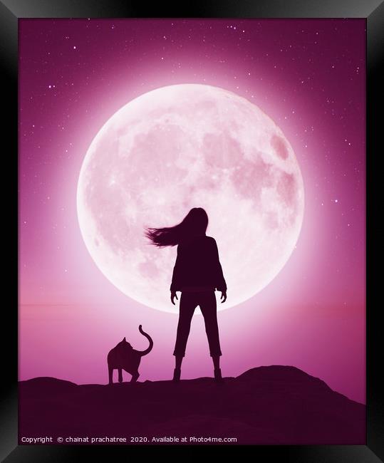 Girl with the cat on the cliff looking to the moon Framed Print by chainat prachatree