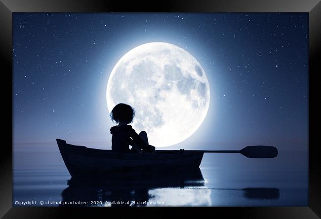 Girl on row boat on the sea under the moonlight,3d Framed Print by chainat prachatree