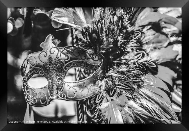 Black White Mask Feathers Mardi Gras New Orleans Louisiana Framed Print by William Perry