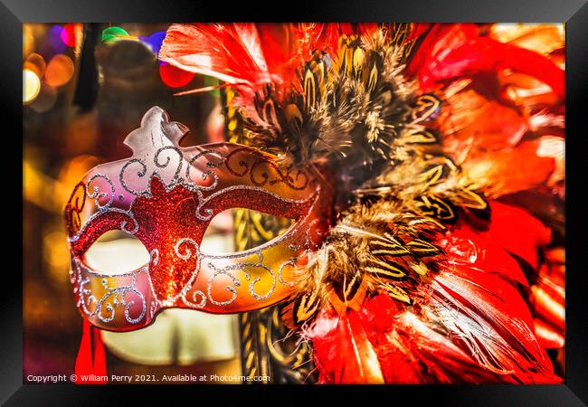 Colorful Red Mask Feathers Mardi Gras New Orleans Louisiana Framed Print by William Perry