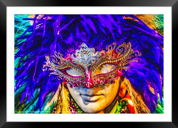 Colorful Red Mask Blue Feathers Mardi Gras New Orleans Louisiana Framed Mounted Print by William Perry