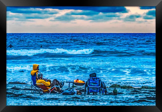 Twilight Fire Surfers La Jolla Shores Beach San Diego California Framed Print by William Perry