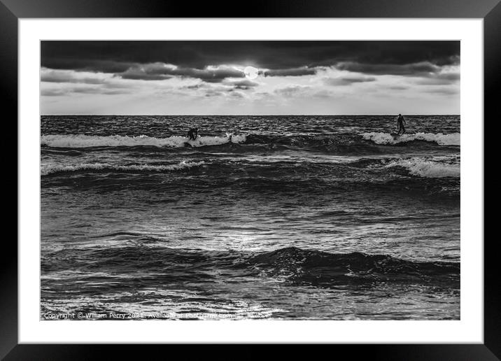 Black White Surfers Sunset La Jolla Shores Beach San Diego Calif Framed Mounted Print by William Perry