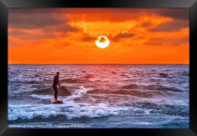 Surfer Sunset La Jolla Shores Beach San Diego California Framed Print by William Perry