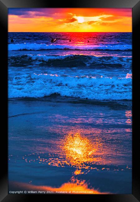 Surfers Sunset La Jolla Shores Beach San Diego California Framed Print by William Perry