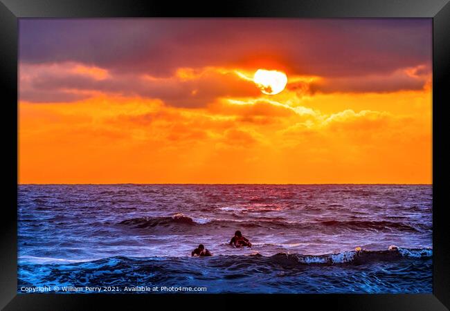 Surfers Sunset La Jolla Shores Beach San Diego California Framed Print by William Perry