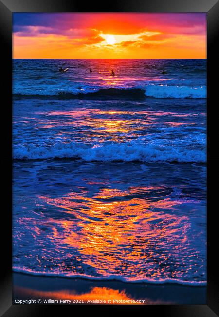 Surfers Sunset La Jolla Shores Beach San Diego California Framed Print by William Perry