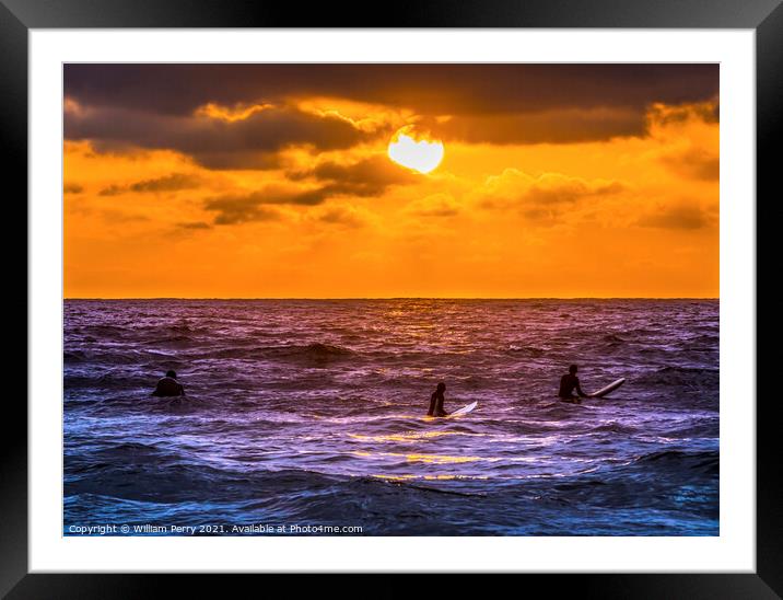 Surfers Sunset La Jolla Shores Beach San Diego California Framed Mounted Print by William Perry