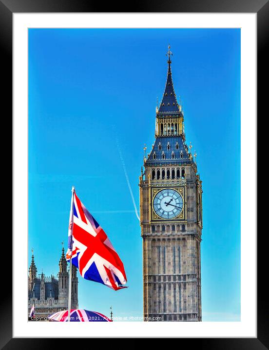 Big Ben Tower British Flag Parliament Westminster Bridge London  Framed Mounted Print by William Perry