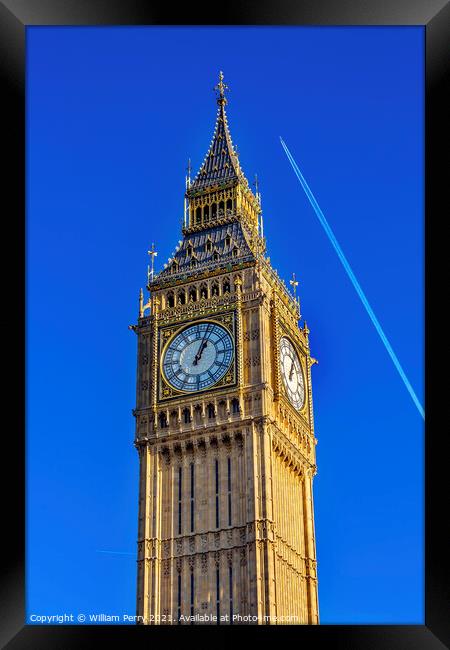 Big Ben Tower Plane Houses of Parliament Westminster London Engl Framed Print by William Perry