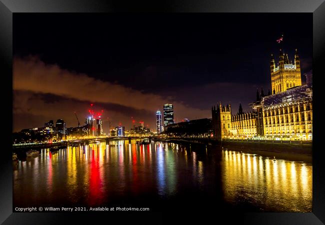 Houses Parliament Thames River Westminster Bridge Night London E Framed Print by William Perry