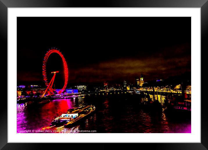 Big Eye Ferris Wheel Thames River Night London England Framed Mounted Print by William Perry