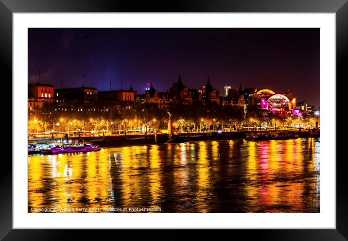 Thames River Night Westminster Bridge London England Framed Mounted Print by William Perry
