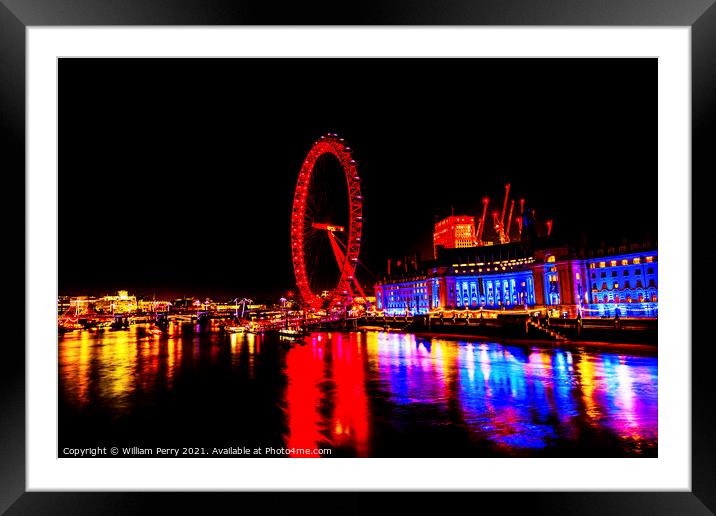 Big Eye Ferris Wheel Thames River Night Westminster Bridge Londo Framed Mounted Print by William Perry