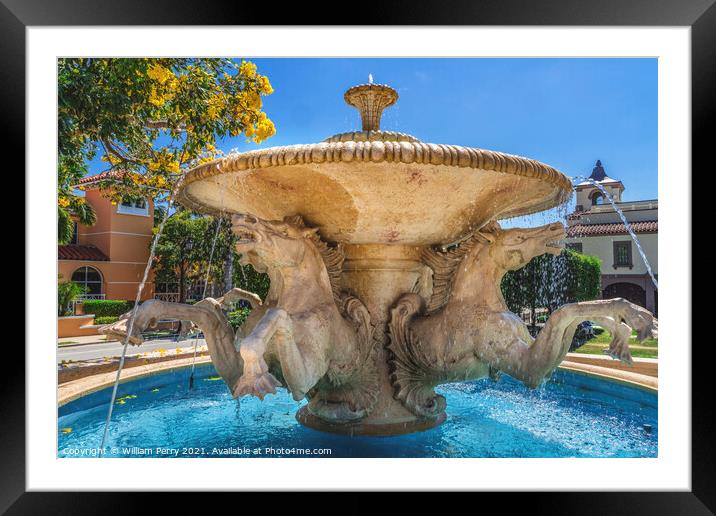 Memorial Fountain Town Hall Palm Beach Florida Framed Mounted Print by William Perry