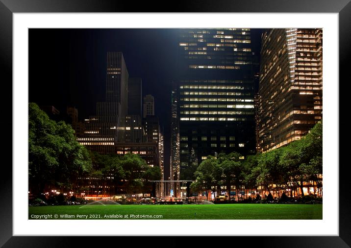 Bryant Park New York City Skyline  Night Framed Mounted Print by William Perry