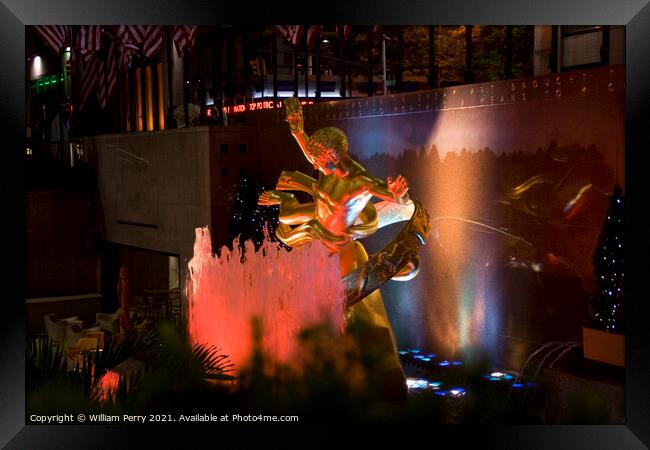 Prometheus Statue Rockefeller Center New York City at Night Framed Print by William Perry