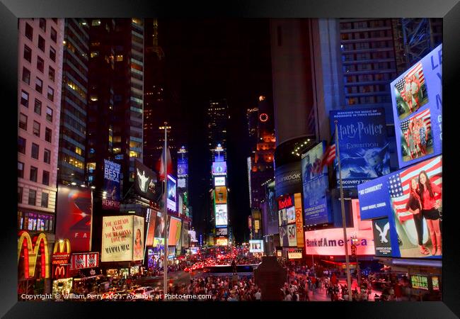 Times Square Lightshow  People Cars New York City Skyline  Night Framed Print by William Perry