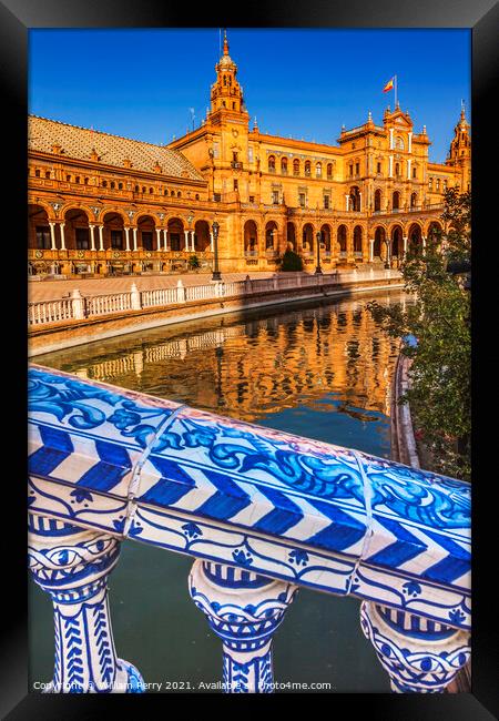 Blue Bridge Plaza de Espana Square Reflection Seville Spain Framed Print by William Perry