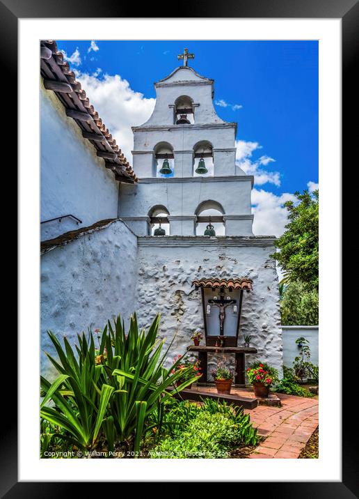 White Adobe Steeple Bells Mission San Diego de Alcala California Framed Mounted Print by William Perry