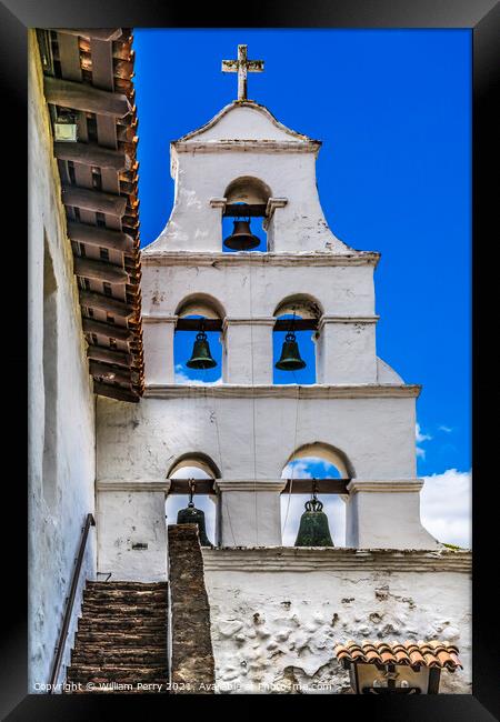 White Adobe Steeple Bells Mission San Diego de Alcala California Framed Print by William Perry