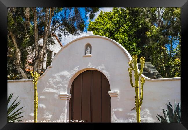 Garden Gate White Adobe Mission San Diego de Alcala California  Framed Print by William Perry