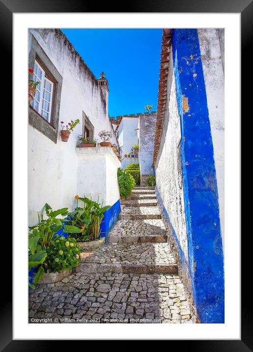 Narrow White Blue Street 11th Century Obidos Portugal Framed Mounted Print by William Perry