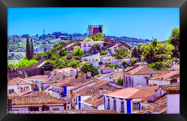 Castle Turrets Towers Walls Orange Roofs Obidos Portugal Framed Print by William Perry