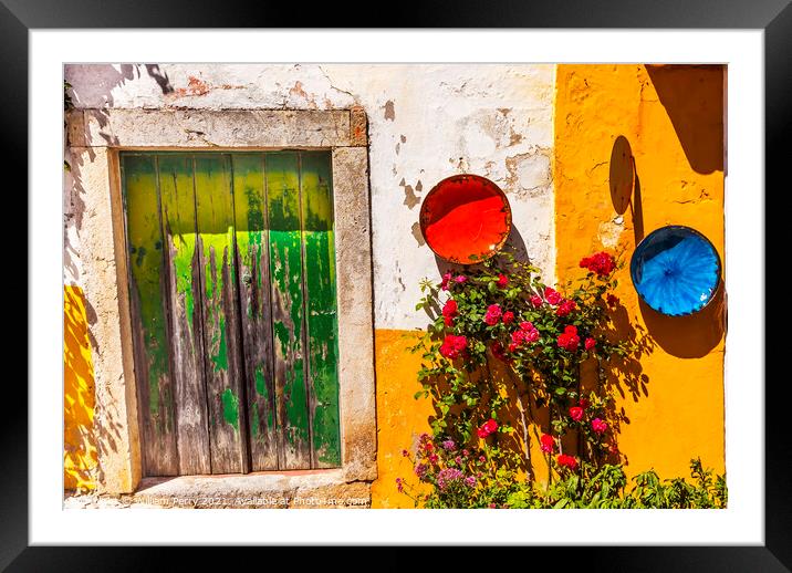 White Yellow Wall Green Door Street Obidos Portugal Framed Mounted Print by William Perry