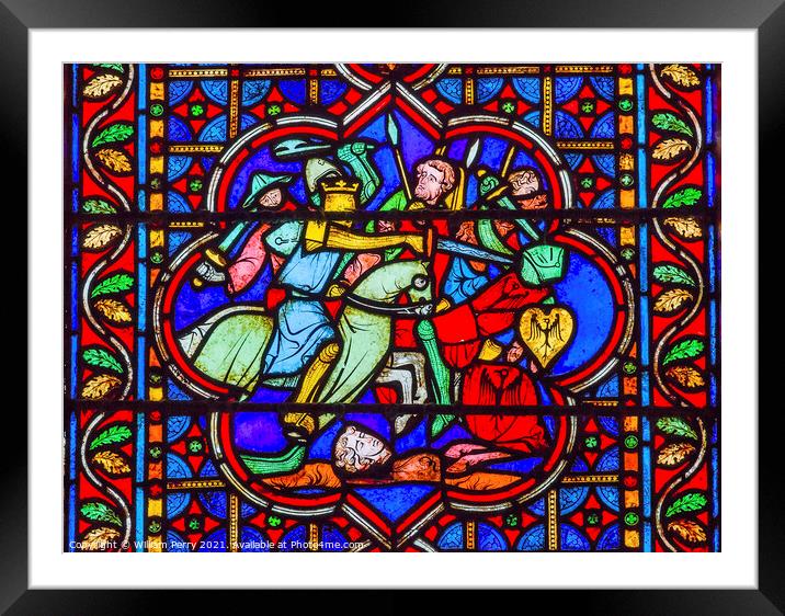 Knights Fighting Battle Stained Glass Notre Dame Cathedral Paris Framed Mounted Print by William Perry