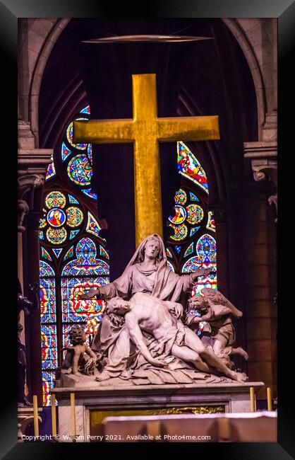 Pieta Statue Cross Stained Glass Notre Dame Cathedral Paris Fran Framed Print by William Perry